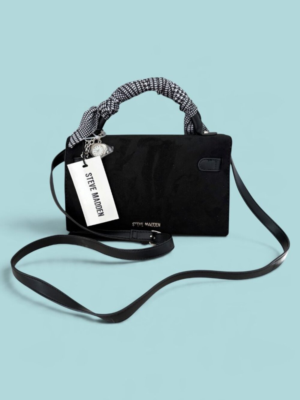 NWT Steve Madden BANISE Black Suede Satchel Crossbody Houndstooth Watch Charm